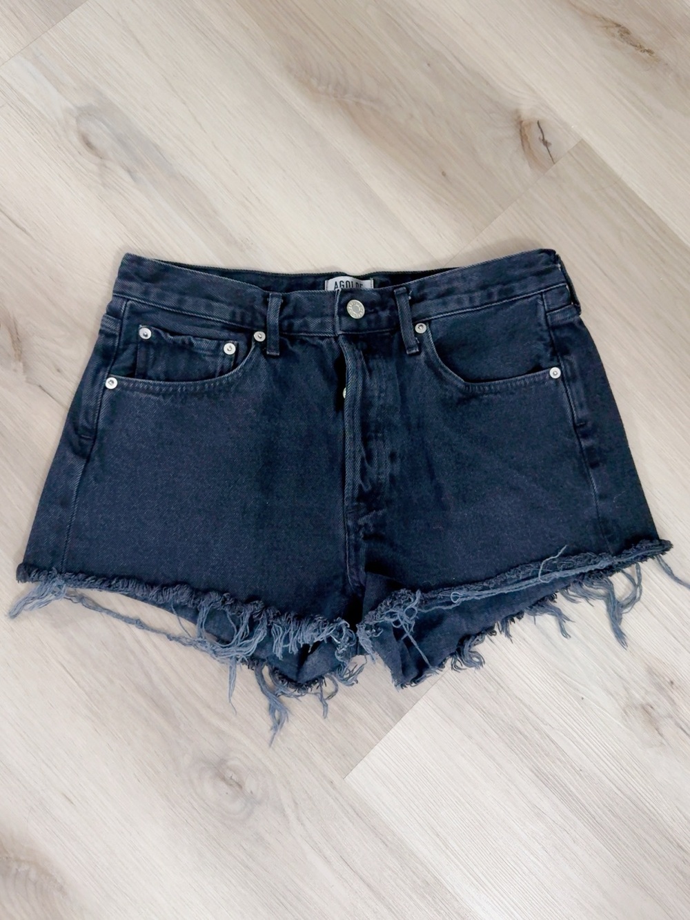 AGOLDE BUTTON FLY BLACK DENIM HIGH RISE JEAN SHORTS